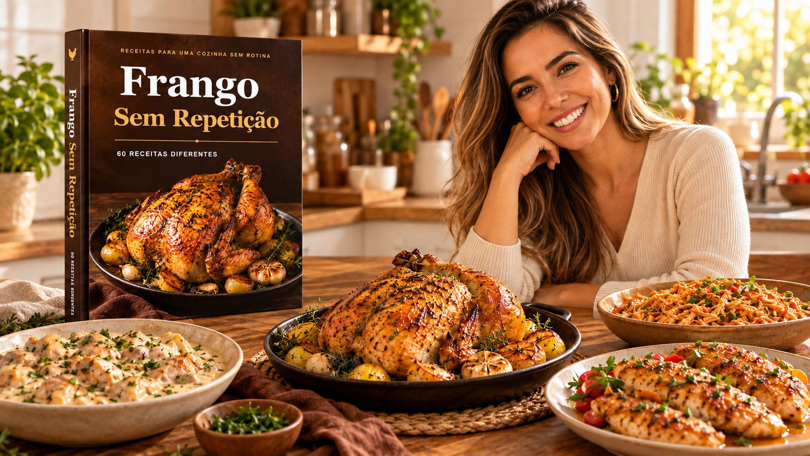 Livro Frango Sem Repetição em pé sobre a bancada, ao lado de um frango assado com batatas, um frango ao molho cremoso, filés grelhados com tomates e um prato de frango desfiado
